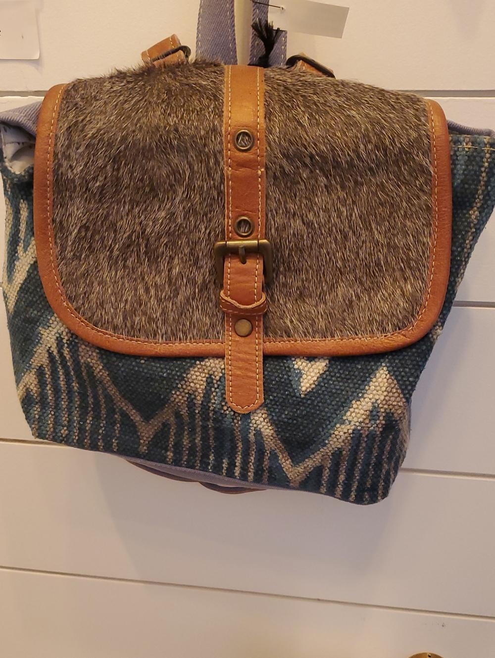 MYRA BAG Woven Blue & Brown Fur-Trim Backpack